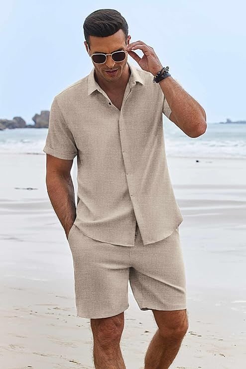 COOFANDY Men's Summer Beach Outfits 2 Piece Short Sleeve Shirt
